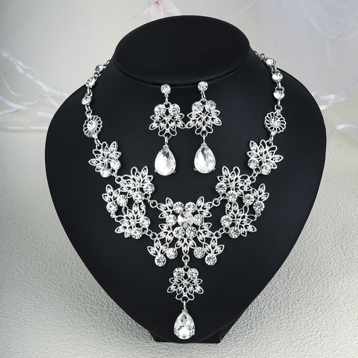 CTZ Bridal Wedding Jewelry Two-piece Wedding Dress Accessories Rhinestone Pearl Earrings Necklace Set Women