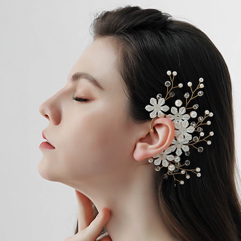 CEH Korean Super Immortal Bridal Earrings Mori Flower Ear Bone Clip Design Temperament Ear Hanging Handmade Pearl Rhinestone Ear Hanging - WhosaleJewelry